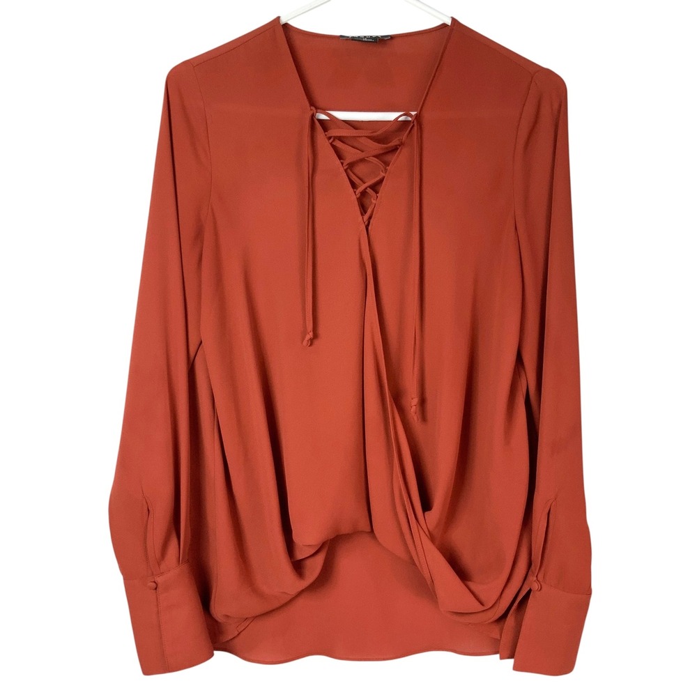 Trouve Rust Orange Blouse XS Lace-Up V-Neck Long Sleeve Wrap Front Draped Top